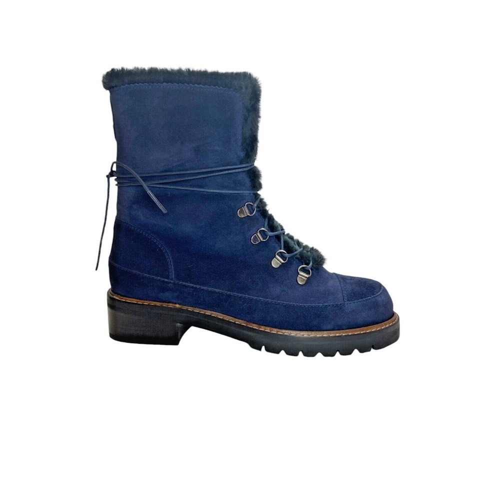 Stuart Weitzman Luge Ocean Blue Faux Fur Lace Up Boots Women's US 8.5M NIB